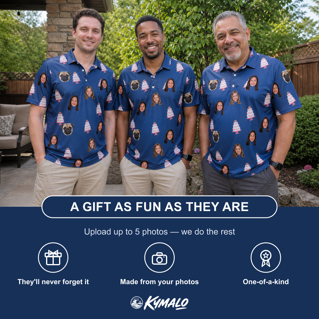 Friends in matching Men's Marzipan Marina Custom Face Polo Shirt — a group gift photo