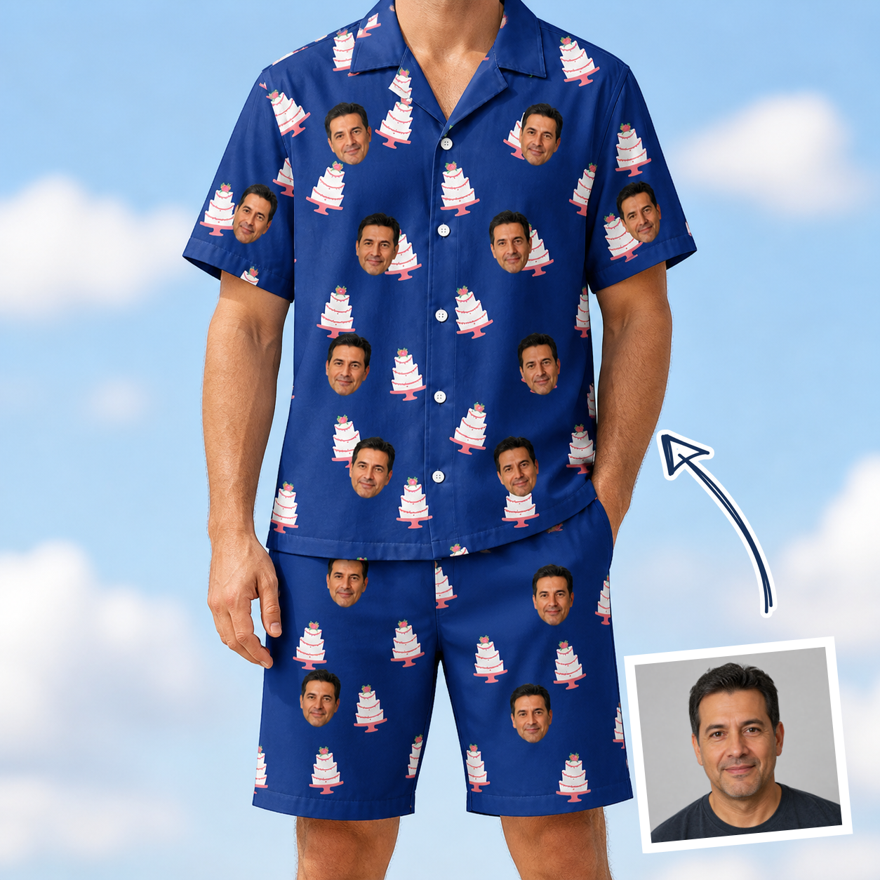 Man wearing Men's Marzipan Marina Custom Face Shirt & Shorts Set — custom faces printed all-over