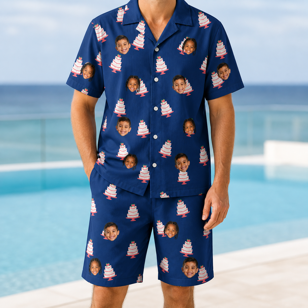 Model wearing Men's Marzipan Marina Custom Face Shirt & Shorts Set printed with kids' faces