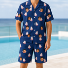 Model wearing Men's Marzipan Marina Custom Face Shirt & Shorts Set printed with kids' faces