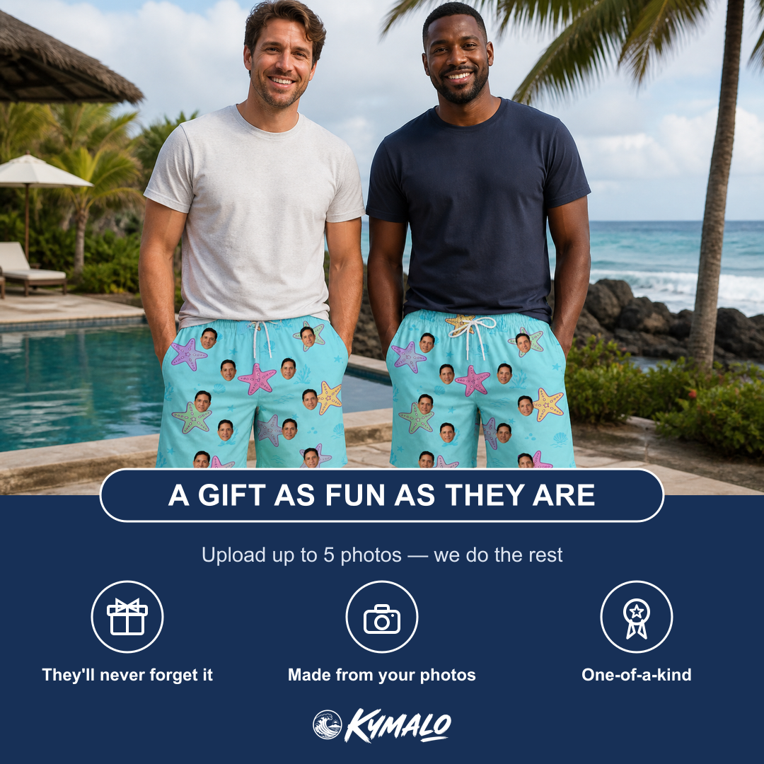 Friends in matching Men's Nautical Nuptials Custom Face Beach Shorts — a group gift photo