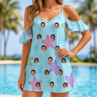 Model wearing Women's Nautical Nuptials Custom Face Off-Shoulder Dress printed with kids' faces