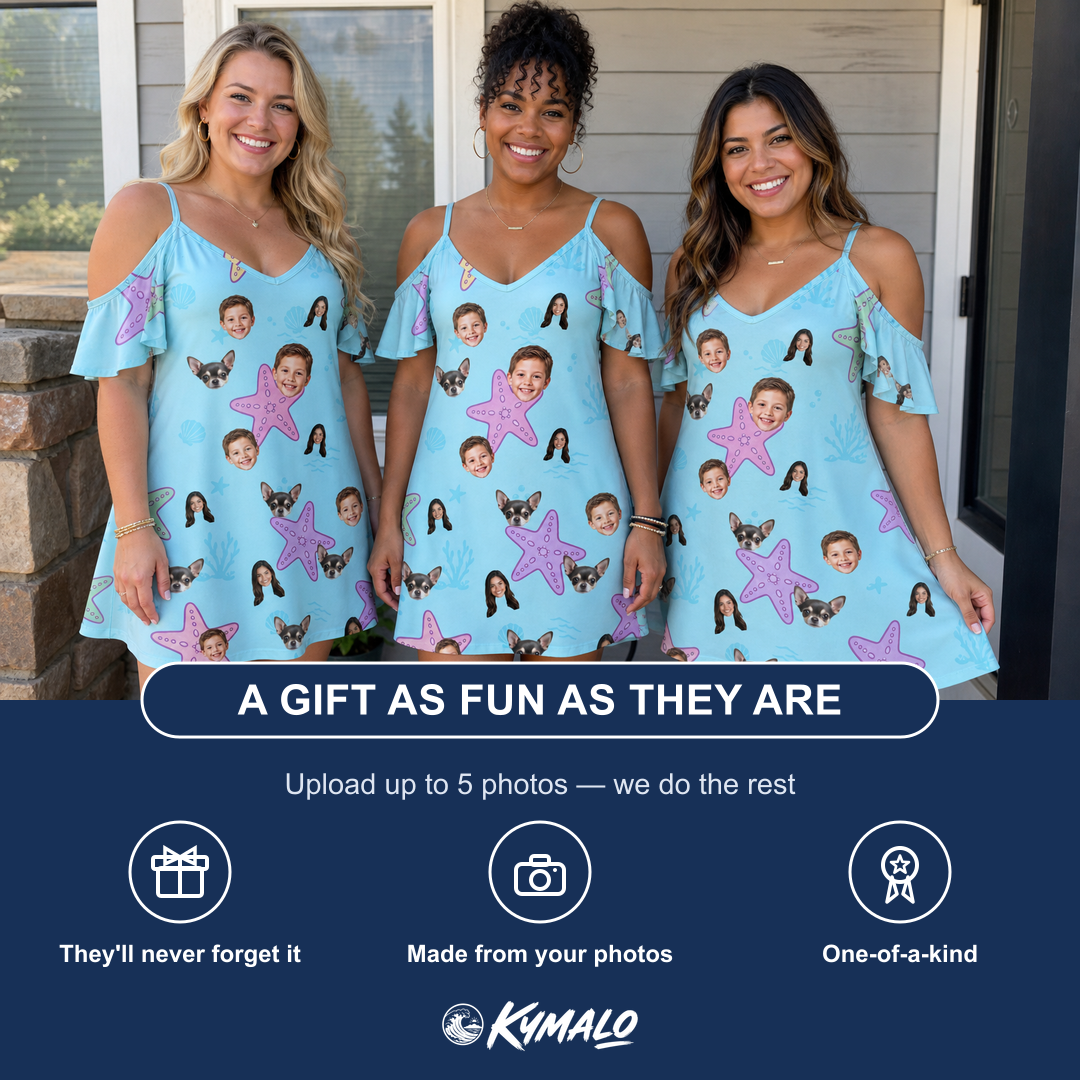 Friends in matching Women's Nautical Nuptials Custom Face Off-Shoulder Dress — a group gift photo