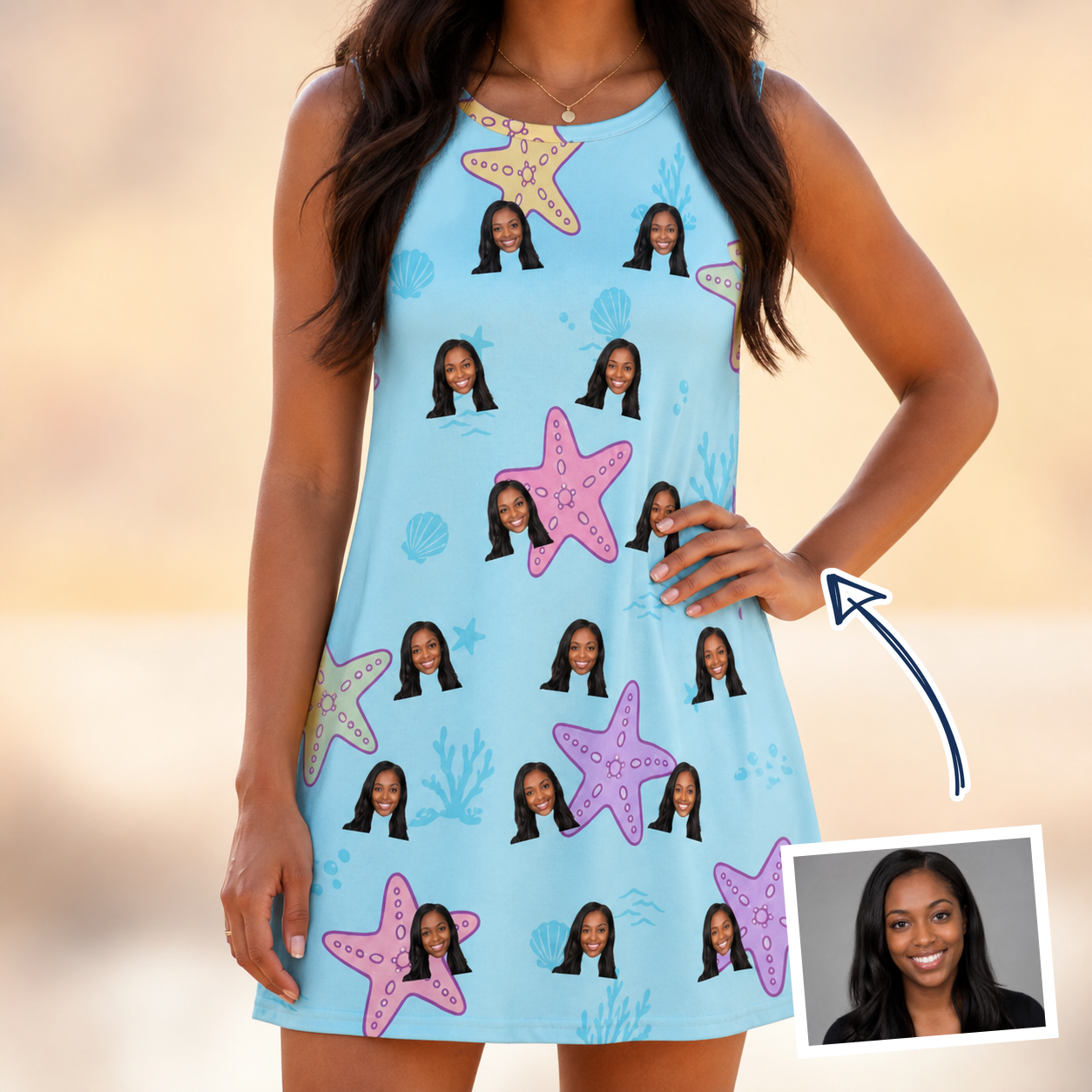 Woman wearing Women's Nautical Nuptials Custom Face Tank Dress — custom faces printed all-over