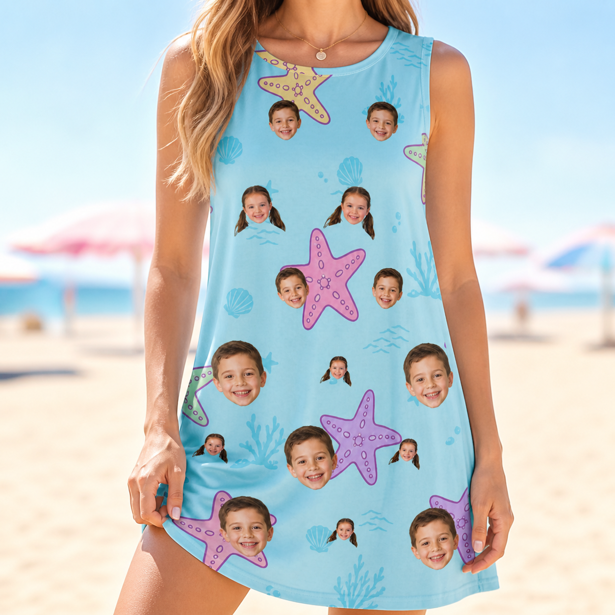 Model wearing Women's Nautical Nuptials Custom Face Tank Dress printed with kids' faces