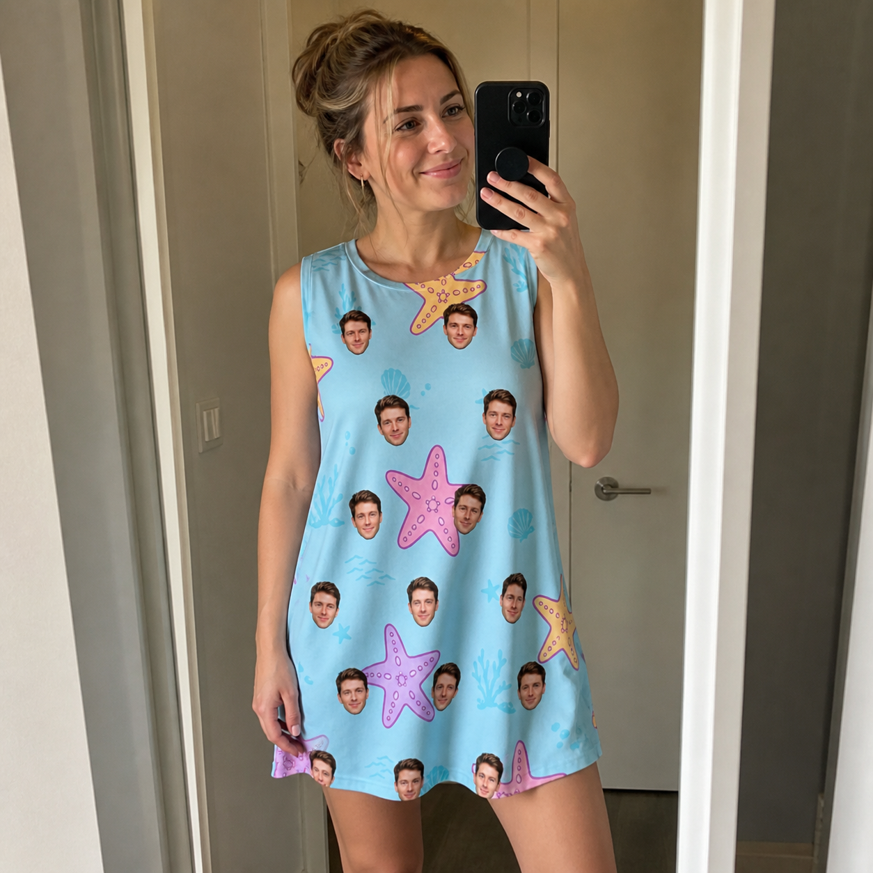 Real-life photo of someone wearing Women's Nautical Nuptials Custom Face Tank Dress — custom faces printed all-over