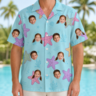 Model wearing Men's Nautical Nuptials Custom Face Hawaiian Shirt printed with kids' faces