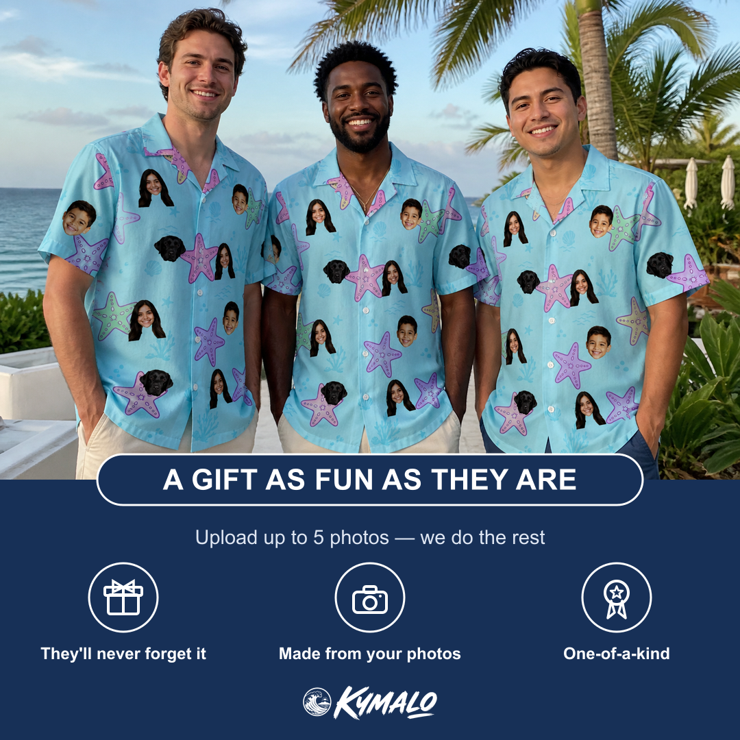 Friends in matching Men's Nautical Nuptials Custom Face Hawaiian Shirt — a group gift photo