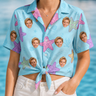Woman wearing Women's Nautical Nuptials Custom Face Hawaiian Shirt tied at the waist