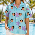 Model wearing Women's Nautical Nuptials Custom Face Hawaiian Shirt printed with kids' faces