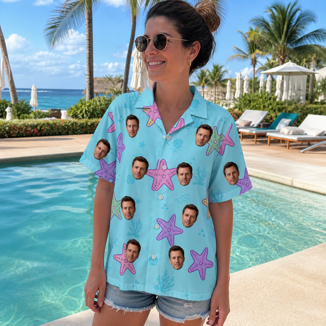 Real-life photo of someone wearing Women's Nautical Nuptials Custom Face Hawaiian Shirt — custom faces printed all-over