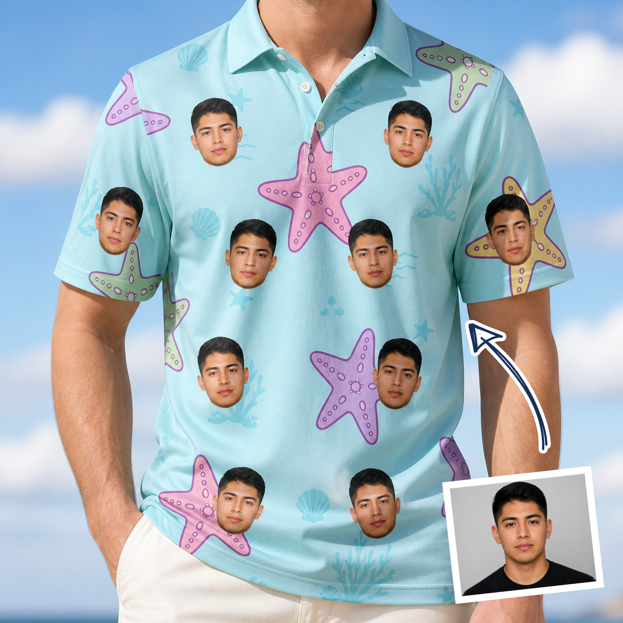 Man wearing Men's Nautical Nuptials Custom Face Polo Shirt — custom faces printed all-over