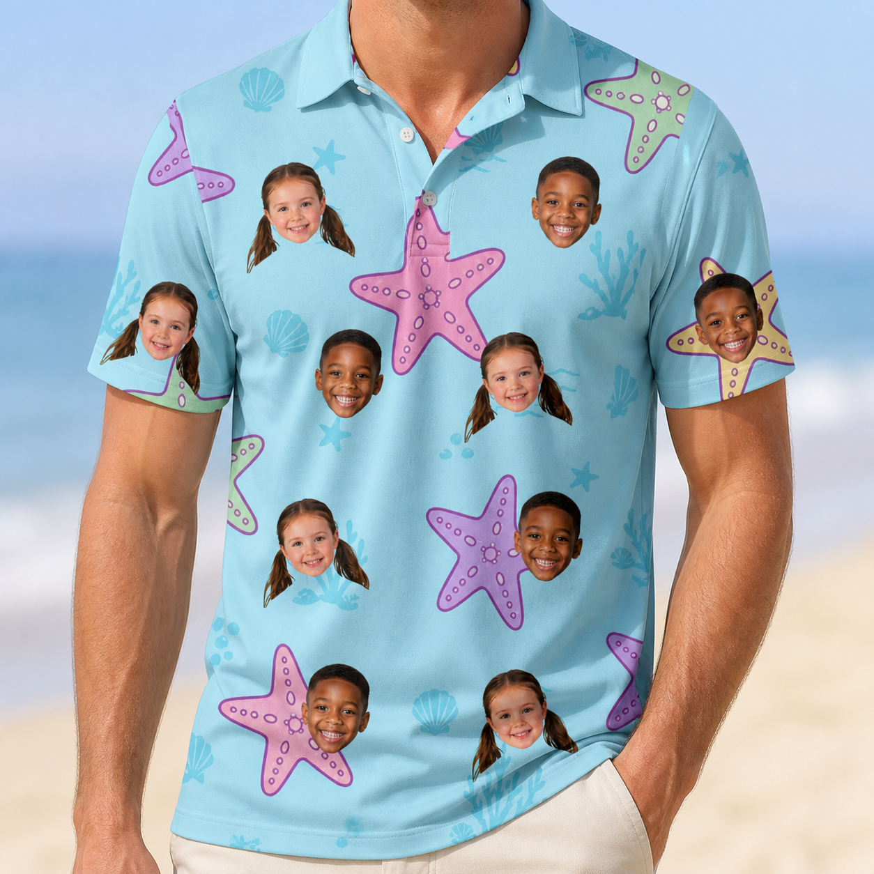 Model wearing Men's Nautical Nuptials Custom Face Polo Shirt printed with kids' faces