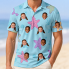 Model wearing Men's Nautical Nuptials Custom Face Polo Shirt printed with kids' faces