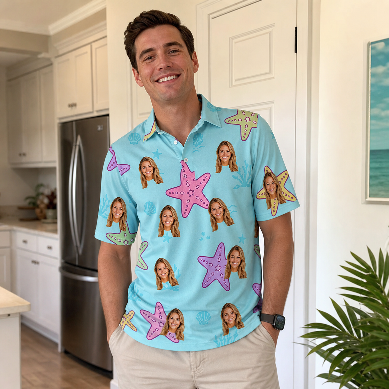 Real-life photo of someone wearing Men's Nautical Nuptials Custom Face Polo Shirt — custom faces printed all-over
