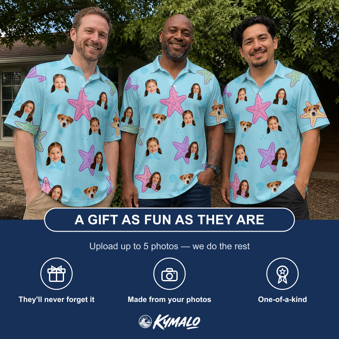 Friends in matching Men's Nautical Nuptials Custom Face Polo Shirt — a group gift photo