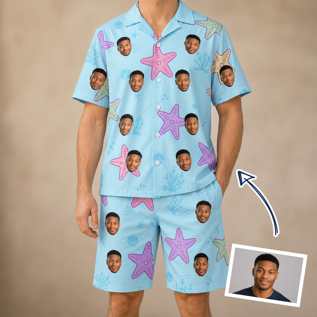 Man wearing Men's Nautical Nuptials Custom Face Shirt & Shorts Set — custom faces printed all-over