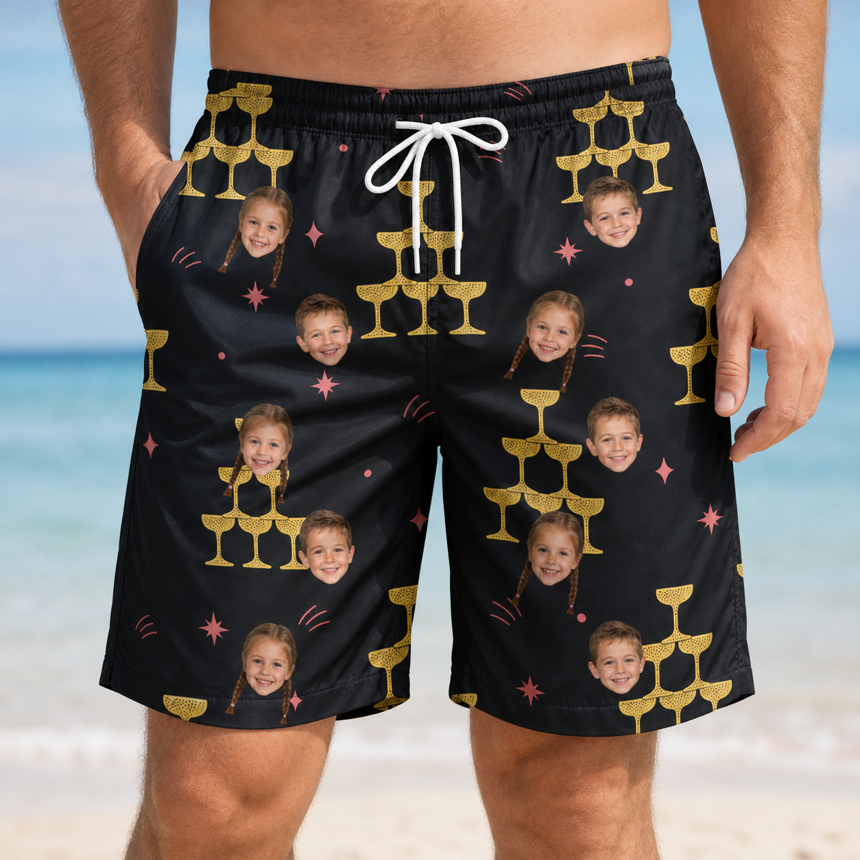 Model wearing Men's Shoreline Cheers Custom Face Beach Shorts printed with kids' faces