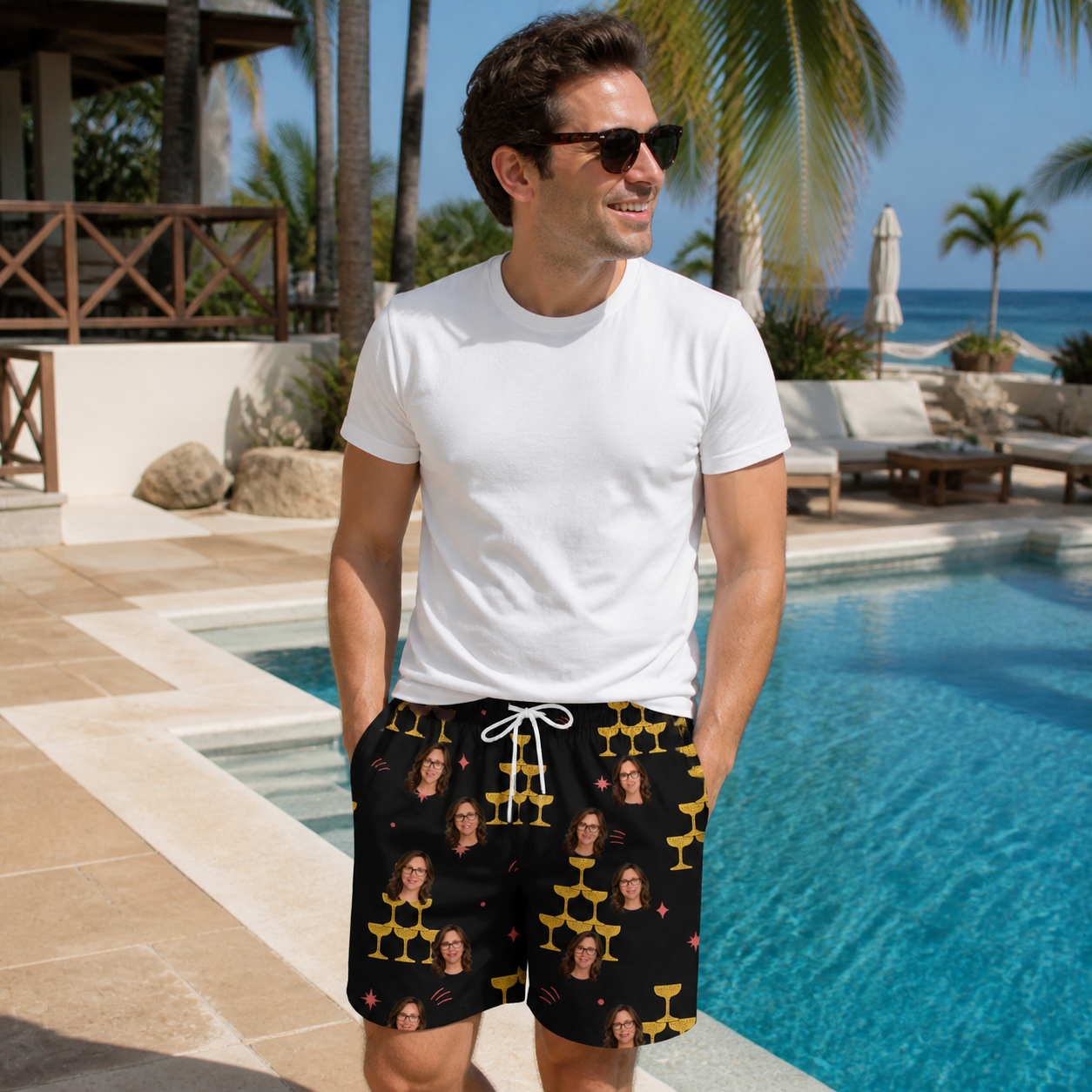 Real-life photo of someone wearing Men's Shoreline Cheers Custom Face Beach Shorts — custom faces printed all-over