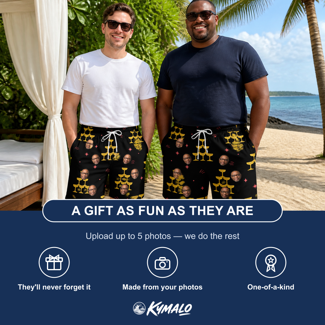 Friends in matching Men's Shoreline Cheers Custom Face Beach Shorts — a group gift photo