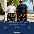 Friends in matching Men's Shoreline Cheers Custom Face Beach Shorts — a group gift photo