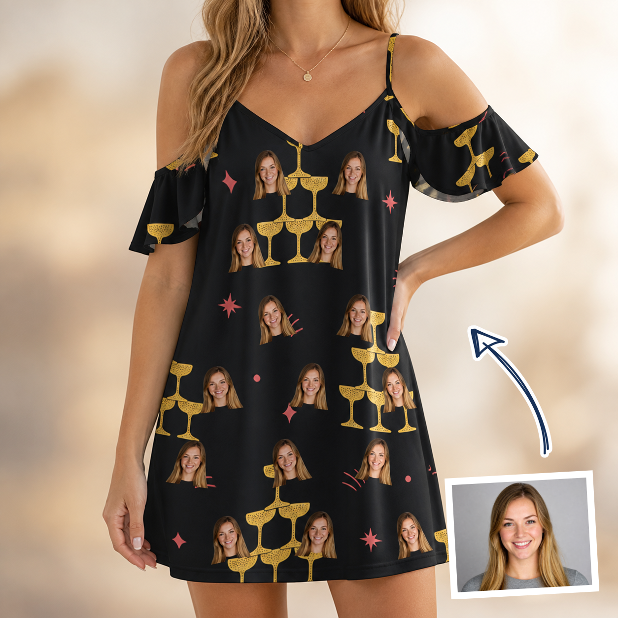 Woman wearing Women's Shoreline Cheers Custom Face Off-Shoulder Dress — custom faces printed all-over