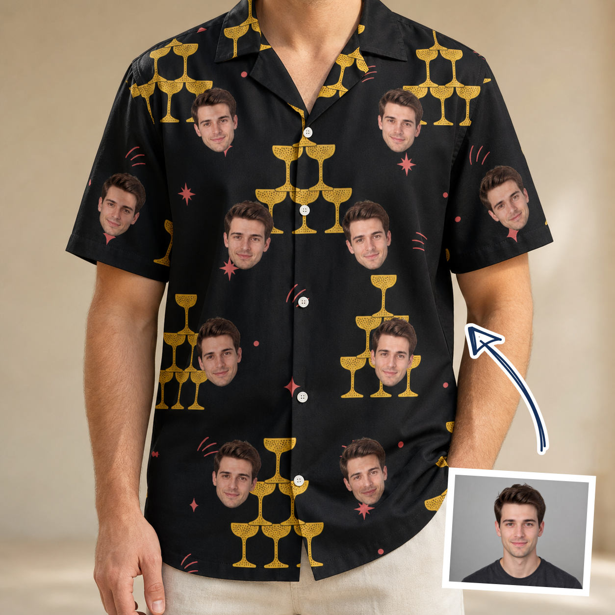 Man wearing Men's Shoreline Cheers Custom Face Hawaiian Shirt — custom faces printed all-over