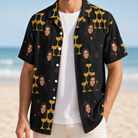 Man wearing Men's Shoreline Cheers Custom Face Hawaiian Shirt open over a white tee
