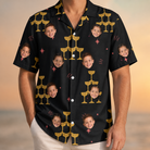 Model wearing Men's Shoreline Cheers Custom Face Hawaiian Shirt printed with kids' faces