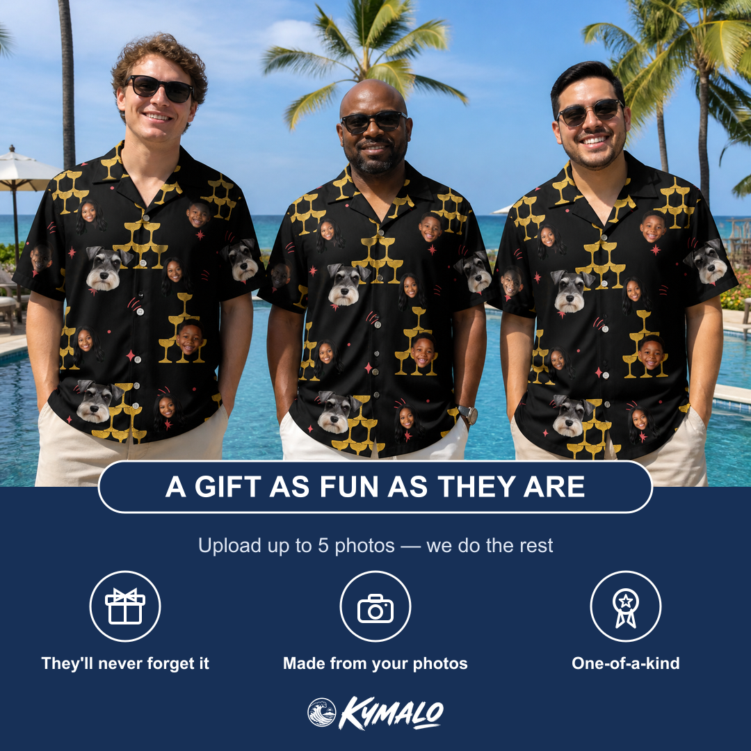 Friends in matching Men's Shoreline Cheers Custom Face Hawaiian Shirt — a group gift photo