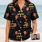 Woman wearing Women's Shoreline Cheers Custom Face Hawaiian Shirt — custom faces printed all-over