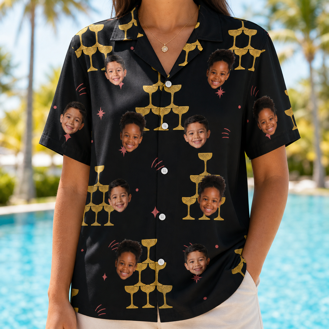 Model wearing Women's Shoreline Cheers Custom Face Hawaiian Shirt printed with kids' faces