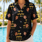 Model wearing Women's Shoreline Cheers Custom Face Hawaiian Shirt printed with kids' faces