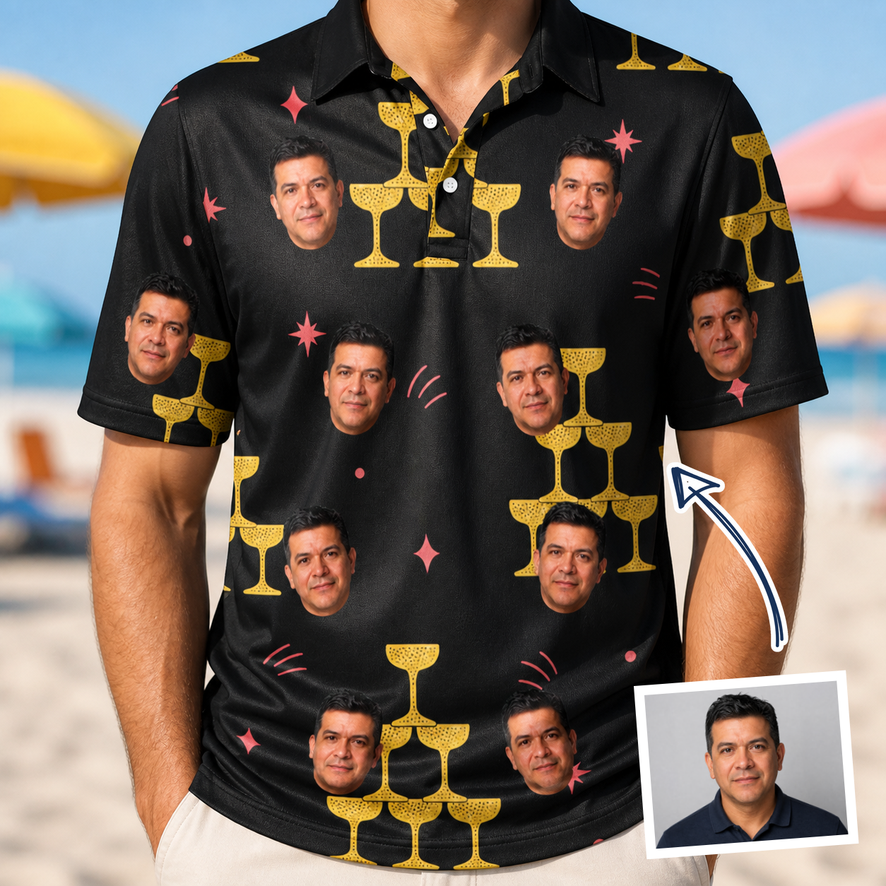 Man wearing Men's Shoreline Cheers Custom Face Polo Shirt — custom faces printed all-over