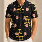 Model wearing Men's Shoreline Cheers Custom Face Polo Shirt printed with kids' faces