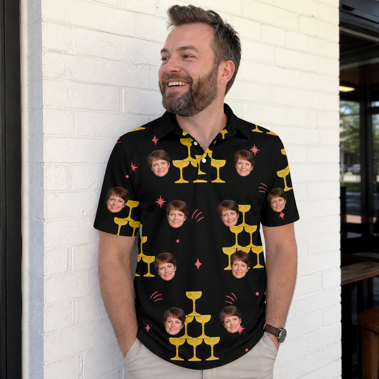 Real-life photo of someone wearing Men's Shoreline Cheers Custom Face Polo Shirt — custom faces printed all-over