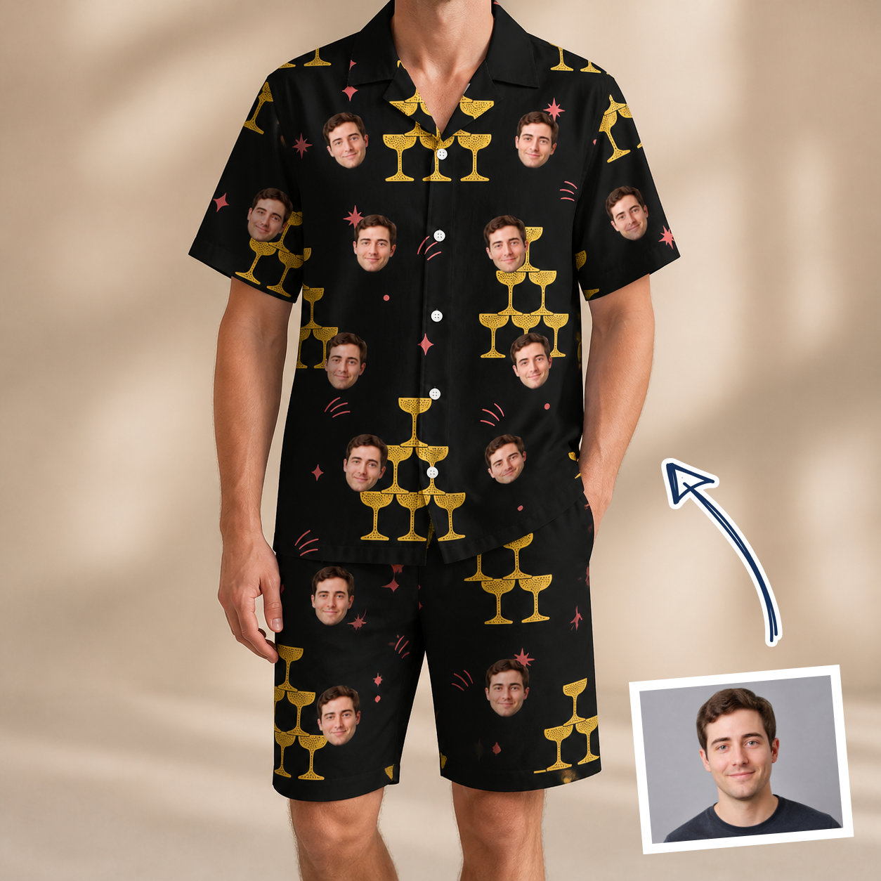 Man wearing Men's Shoreline Cheers Custom Face Shirt & Shorts Set — custom faces printed all-over