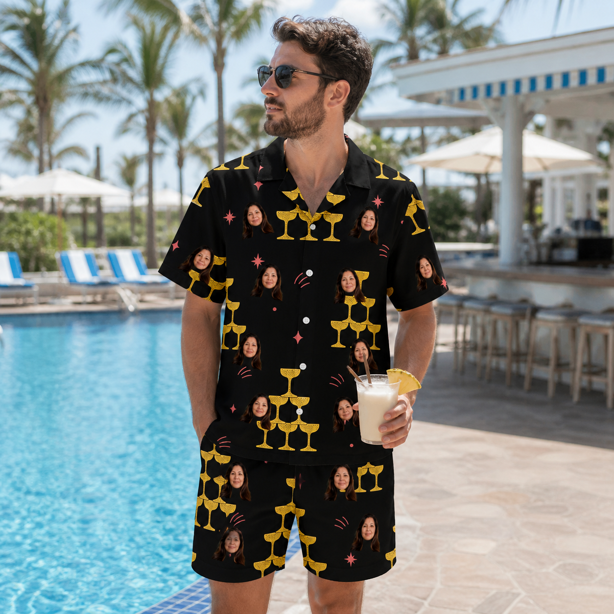 Real-life photo of someone wearing Men's Shoreline Cheers Custom Face Shirt & Shorts Set — custom faces printed all-over