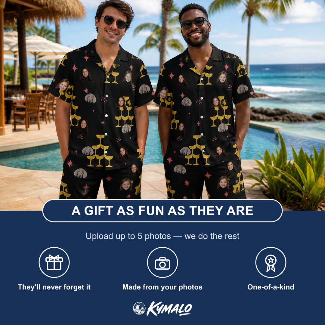 Friends in matching Men's Shoreline Cheers Custom Face Shirt & Shorts Set — a group gift photo