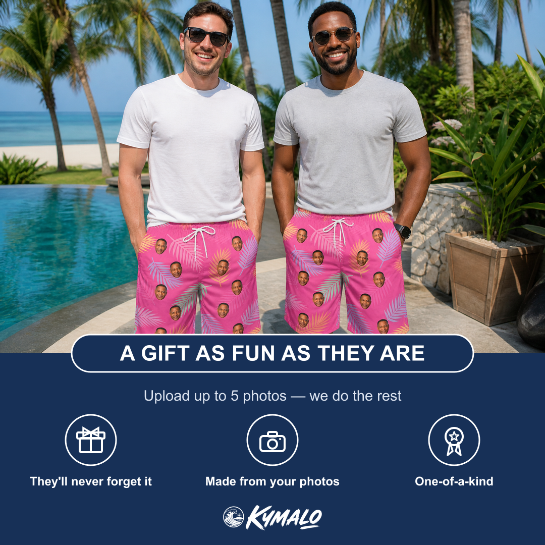 Friends in matching Men's Swaying Sweethearts Custom Face Beach Shorts — a group gift photo