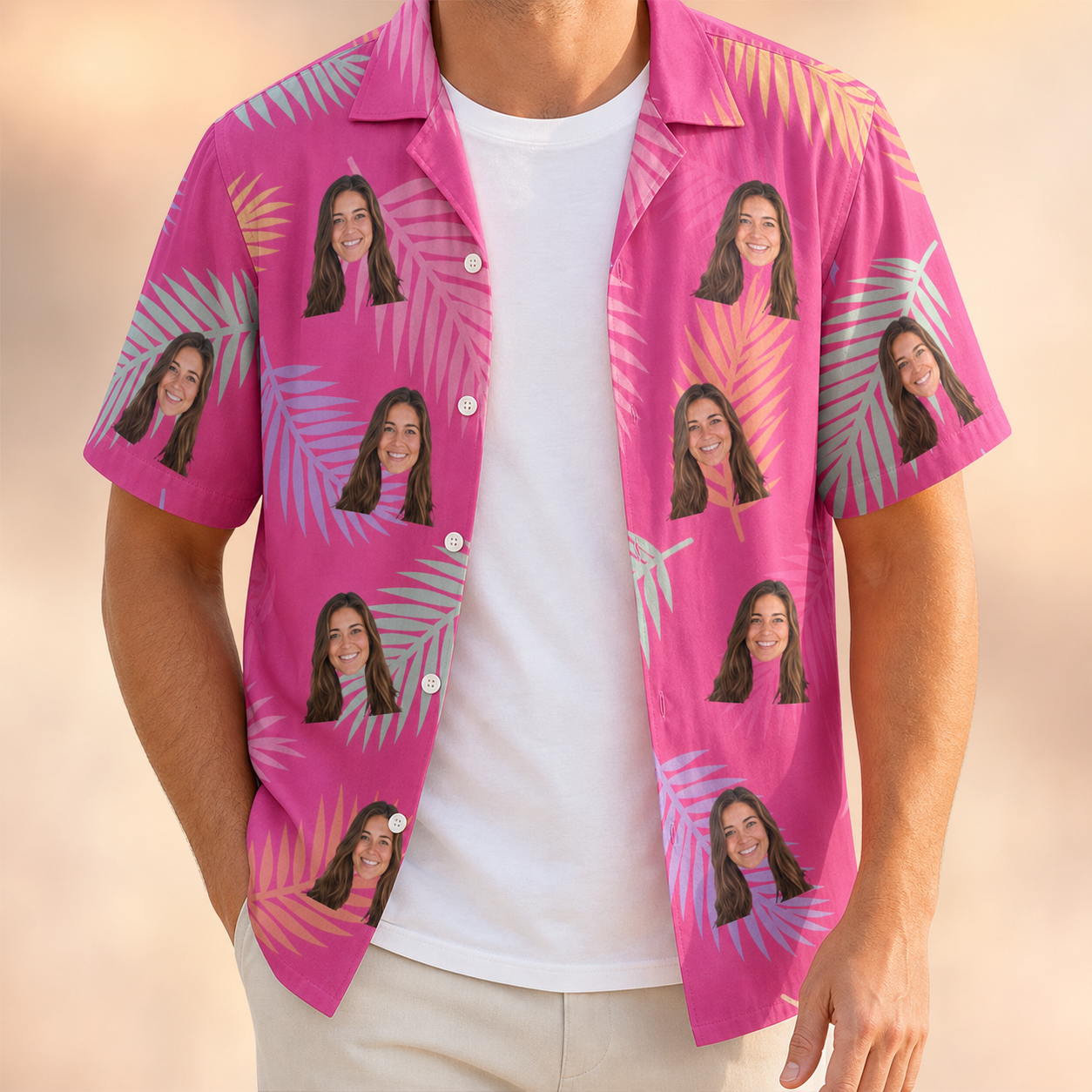 Man wearing Men's Swaying Sweethearts Custom Face Hawaiian Shirt open over a white tee