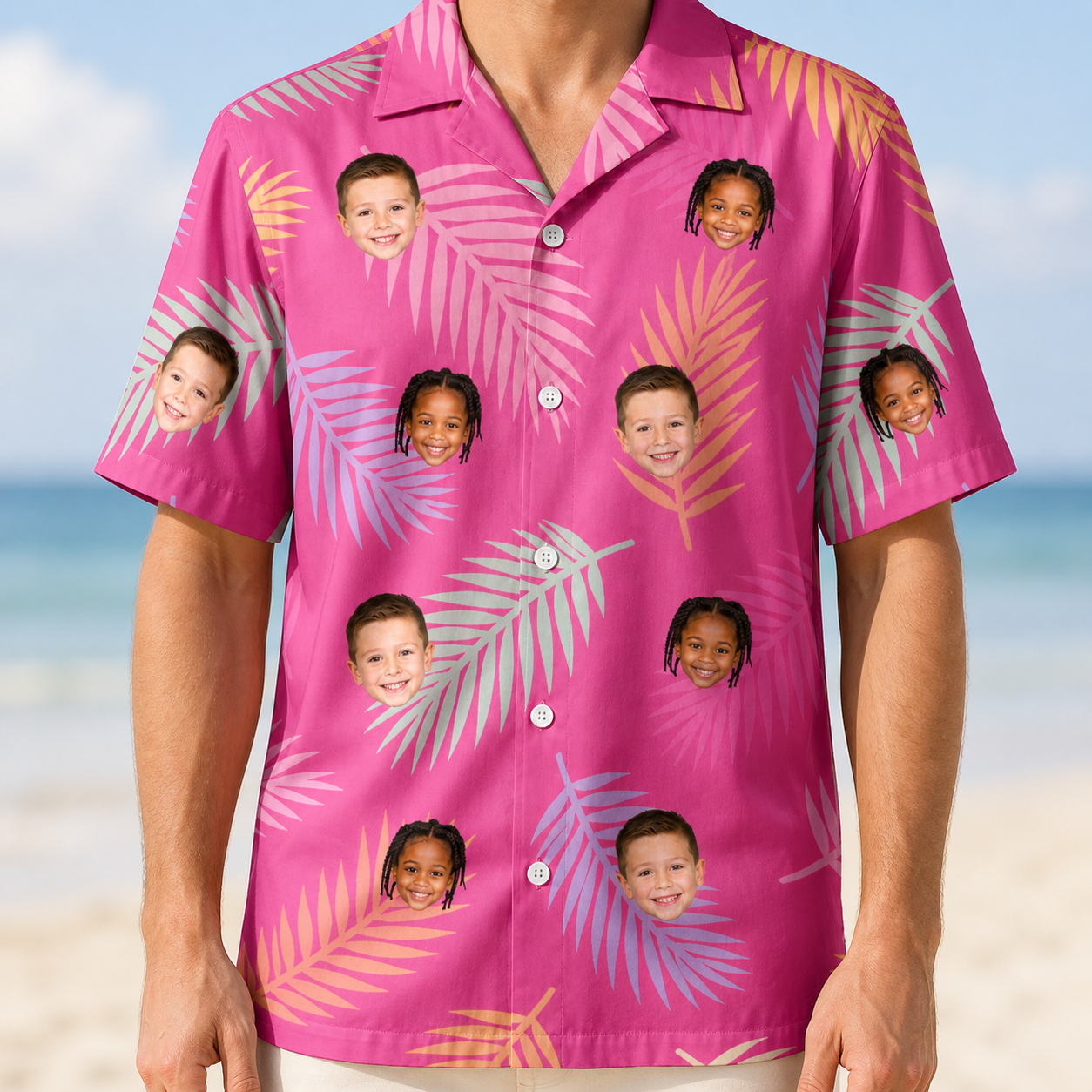 Model wearing Men's Swaying Sweethearts Custom Face Hawaiian Shirt printed with kids' faces