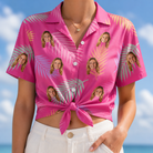 Woman wearing Women's Swaying Sweethearts Custom Face Hawaiian Shirt tied at the waist