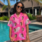 Real-life photo of someone wearing Women's Swaying Sweethearts Custom Face Hawaiian Shirt — custom faces printed all-over
