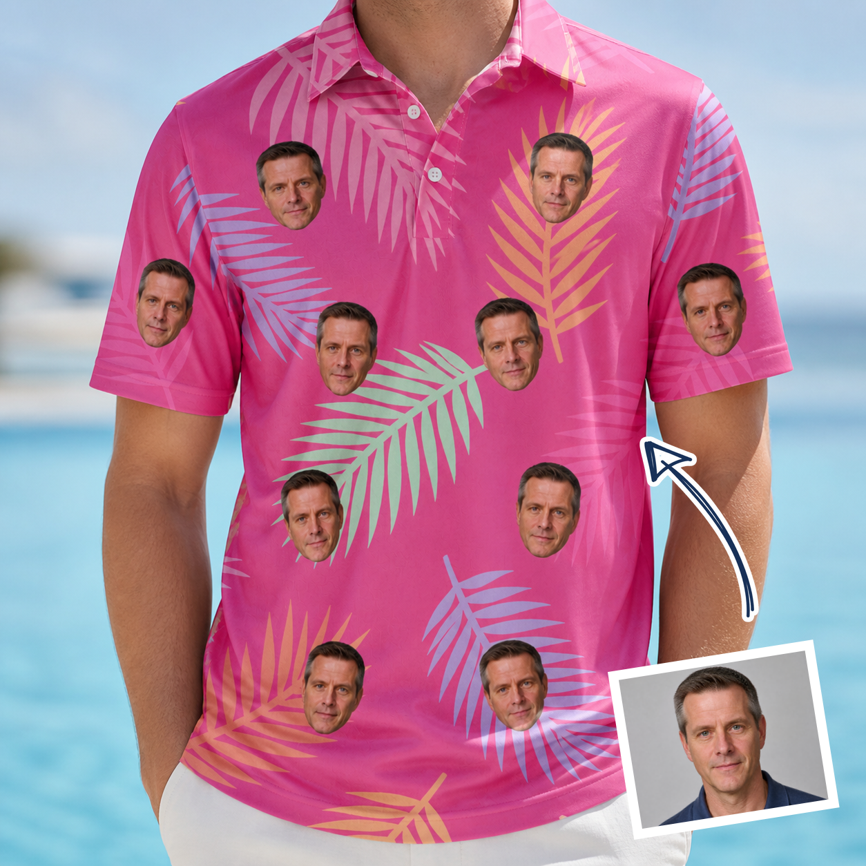 Man wearing Men's Swaying Sweethearts Custom Face Polo Shirt — custom faces printed all-over