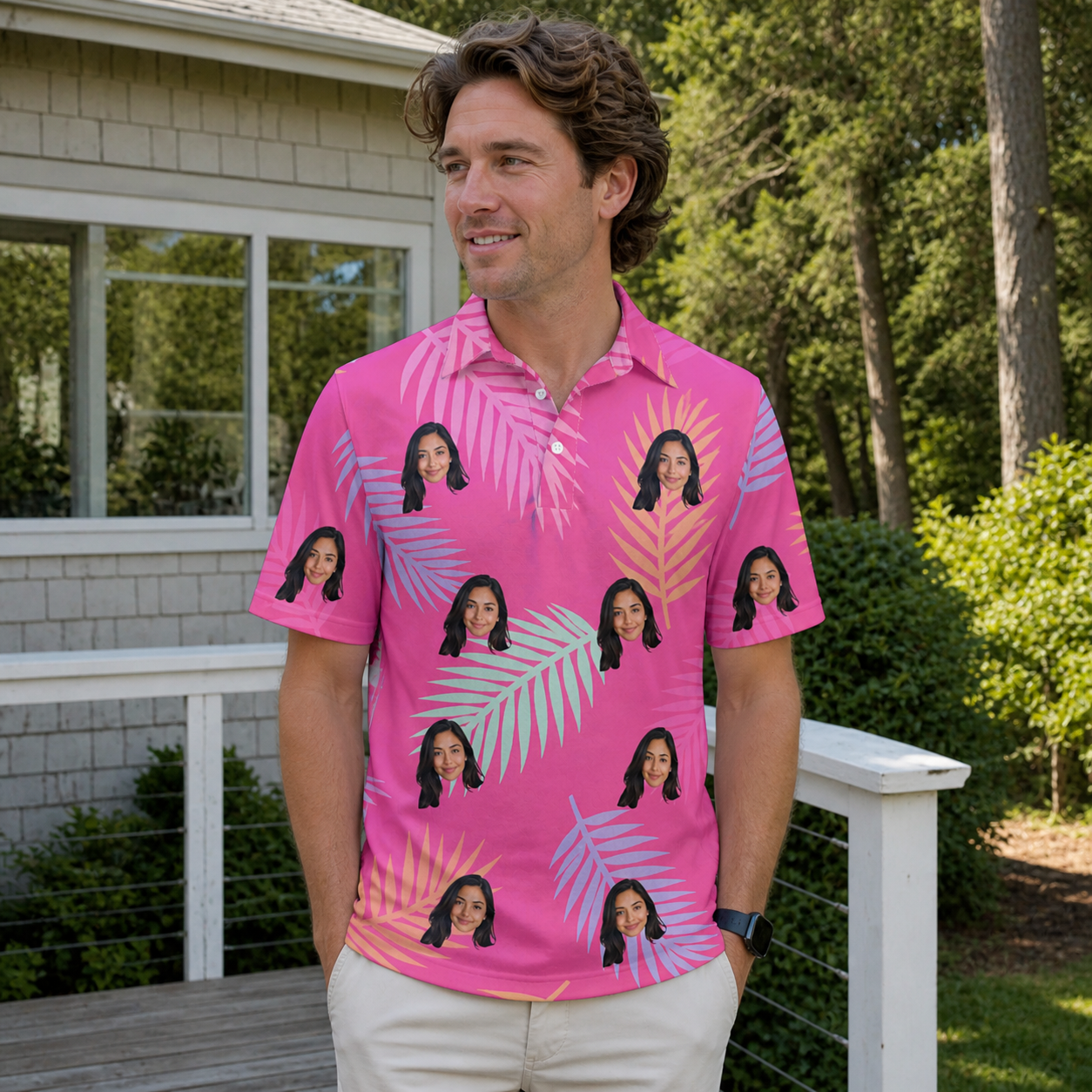 Real-life photo of someone wearing Men's Swaying Sweethearts Custom Face Polo Shirt — custom faces printed all-over