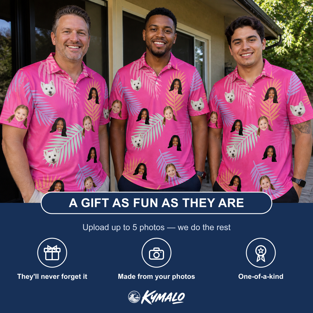 Friends in matching Men's Swaying Sweethearts Custom Face Polo Shirt — a group gift photo