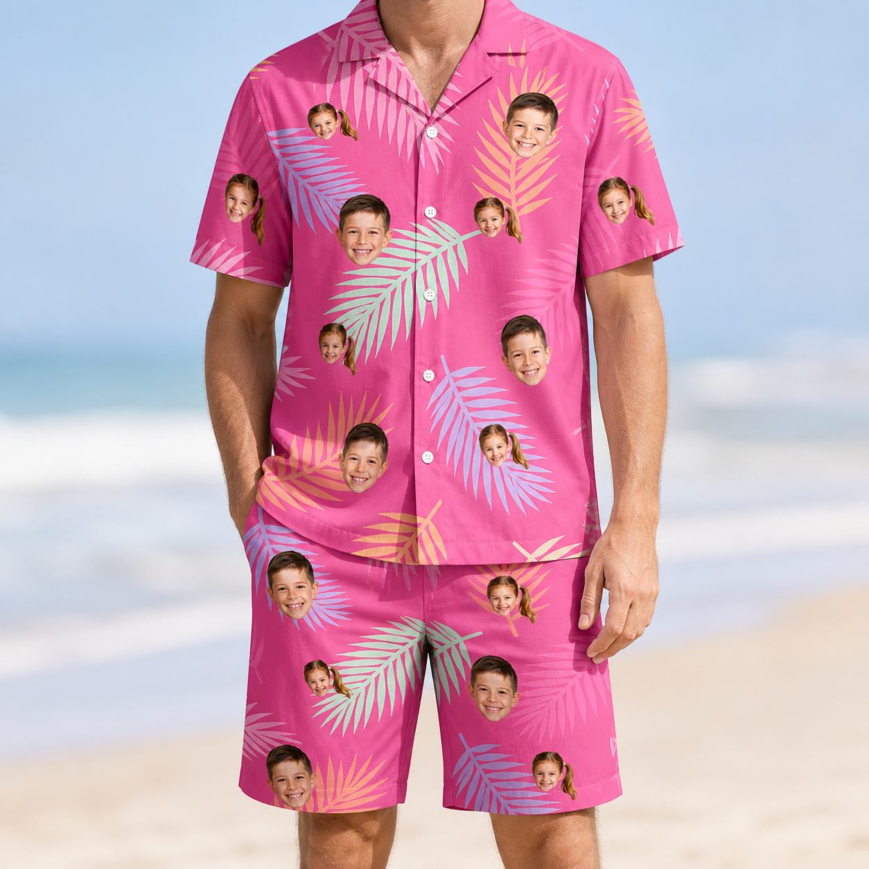 Model wearing Men's Swaying Sweethearts Custom Face Shirt & Shorts Set printed with kids' faces