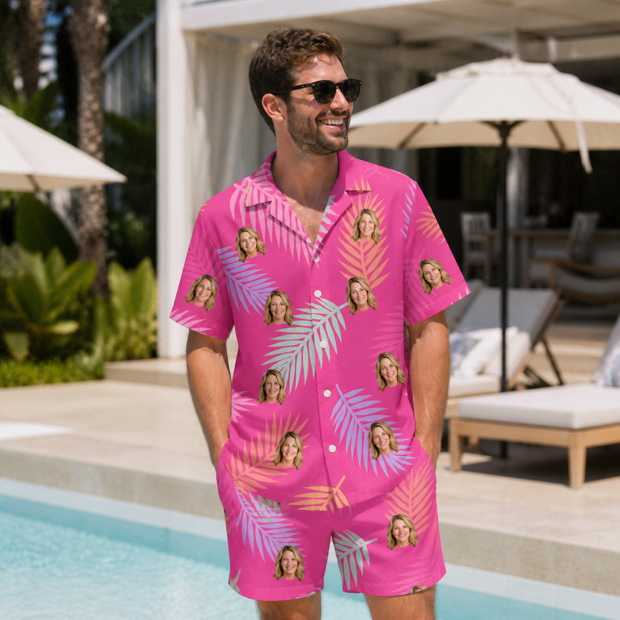 Real-life photo of someone wearing Men's Swaying Sweethearts Custom Face Shirt & Shorts Set — custom faces printed all-over