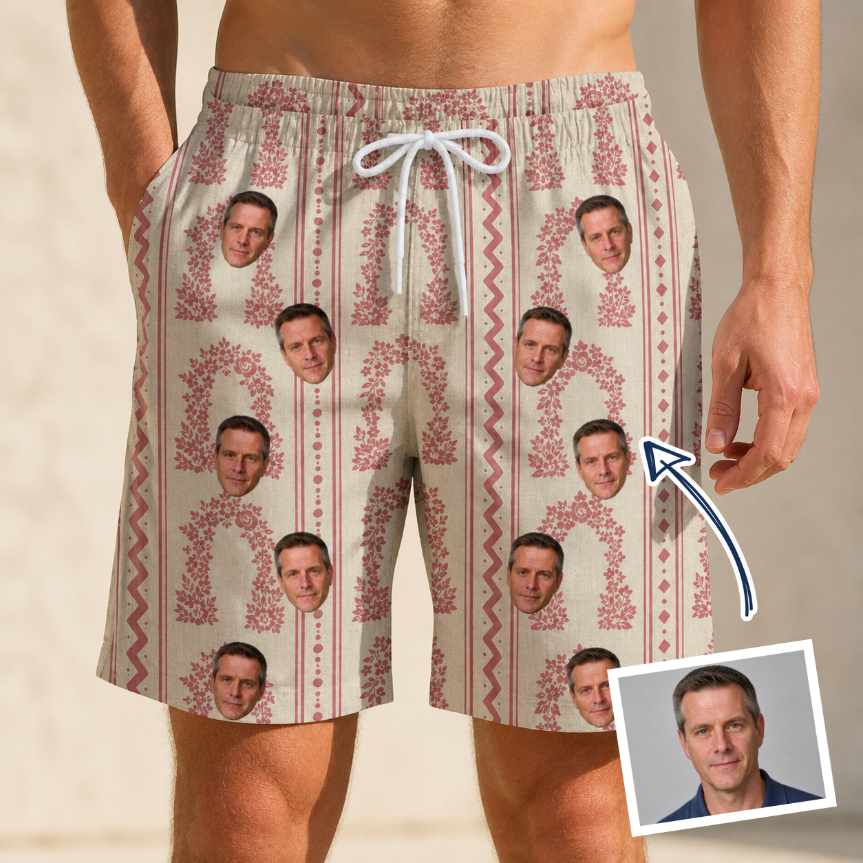 Man wearing Men's Beach Bouquet Custom Face Beach Shorts — custom faces printed all-over